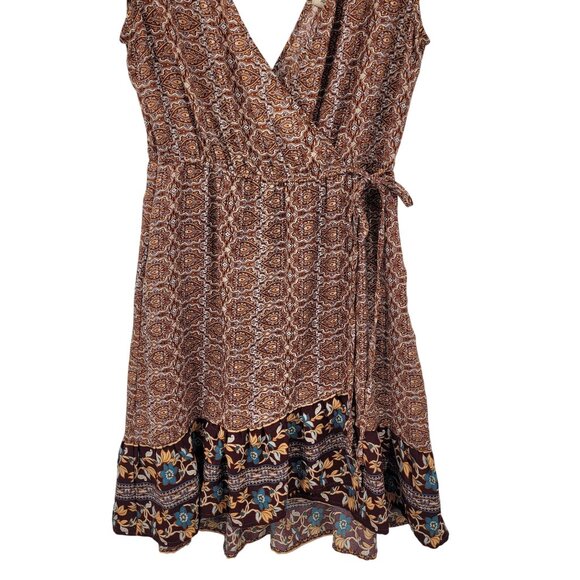 Y2K Boho Flutter Sleeve Faux Wrap Baby Doll Mini Dress Sz M Ruffle Hem Brown - Picture 11 of 13